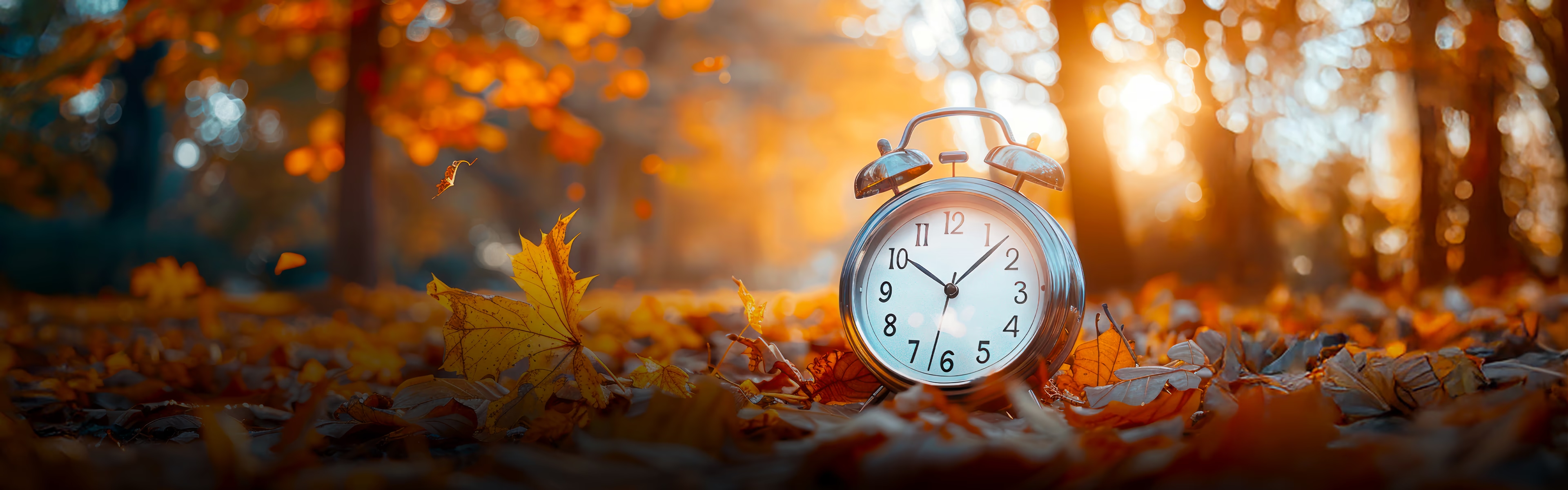 Réveil argenté posé sur des feuilles d’automne aux couleurs dorées, illustrant le passage à l’heure d’hiver, le changement d’heure et le temps supplémentaire à s’accorder.