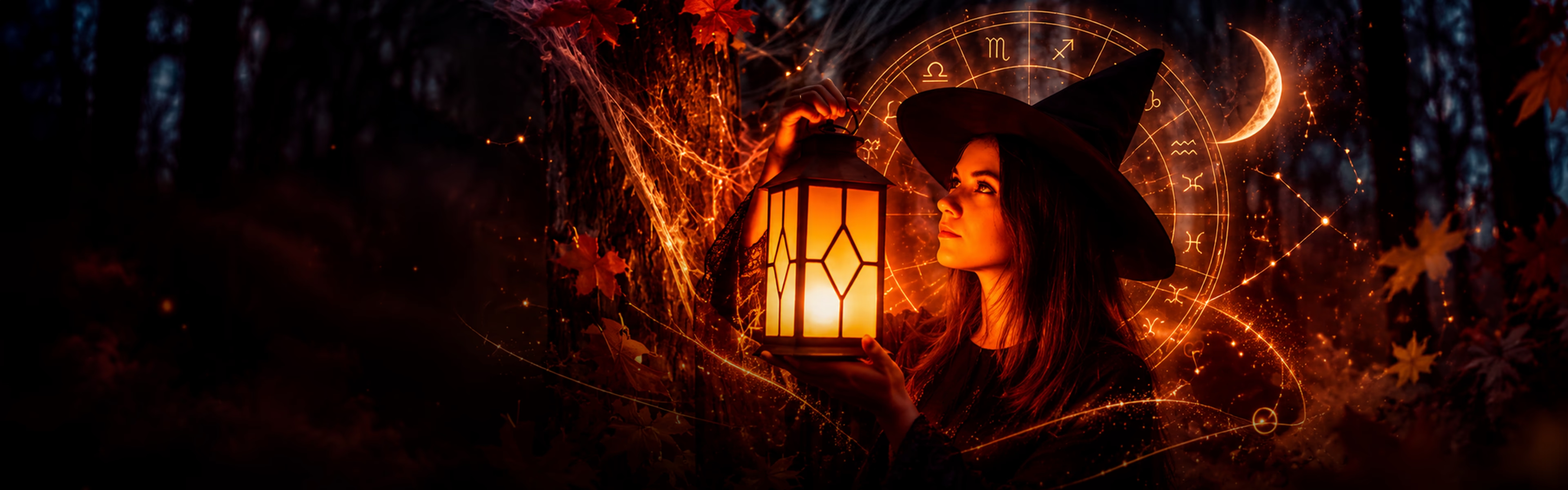 Halloween chez IdealVoyance : une sorcière tenant une lanterne lumineuse dans une forêt mystérieuse, entourée de symboles astrologiques dorés.