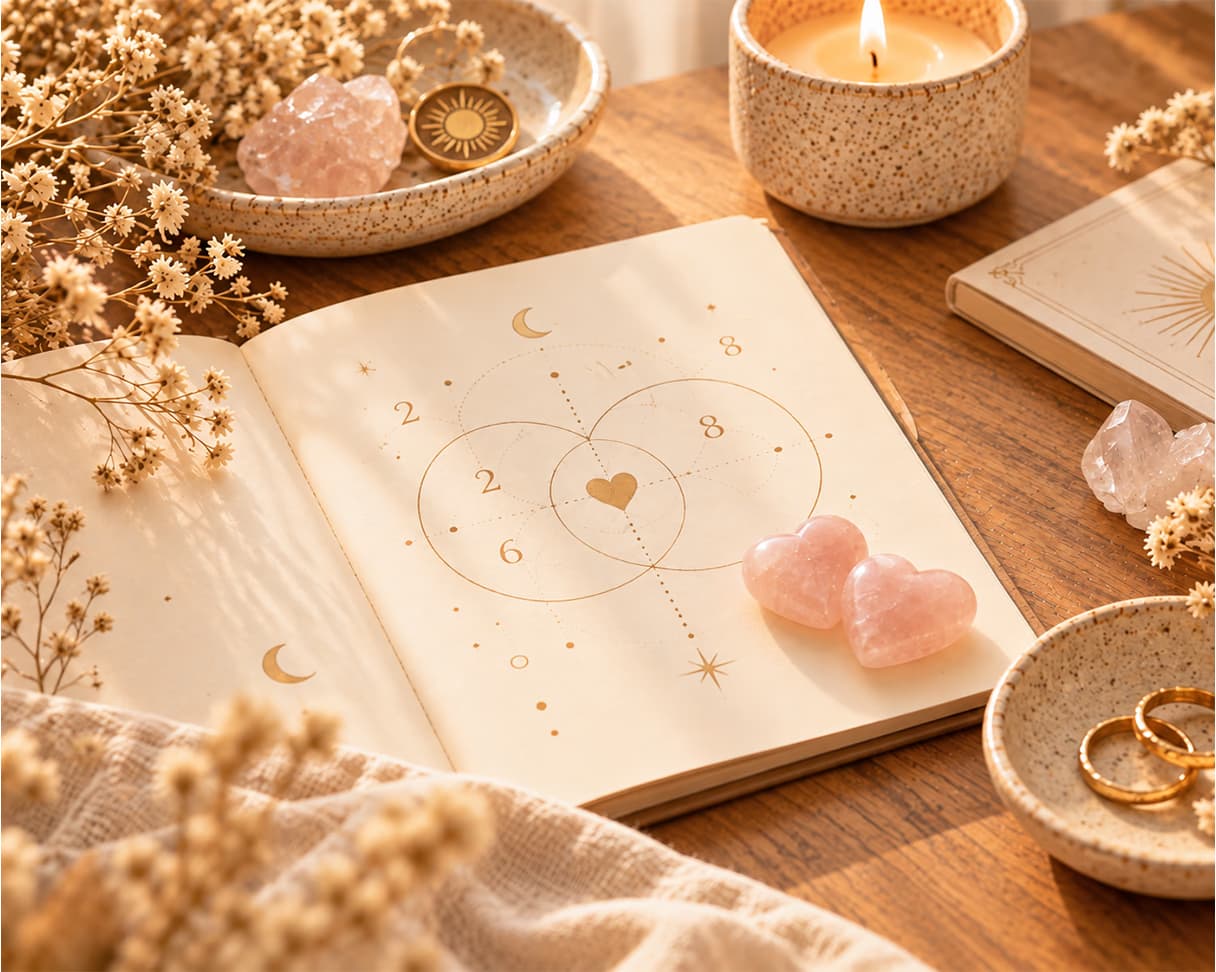 Carnet de numérologie et cœurs en quartz rose