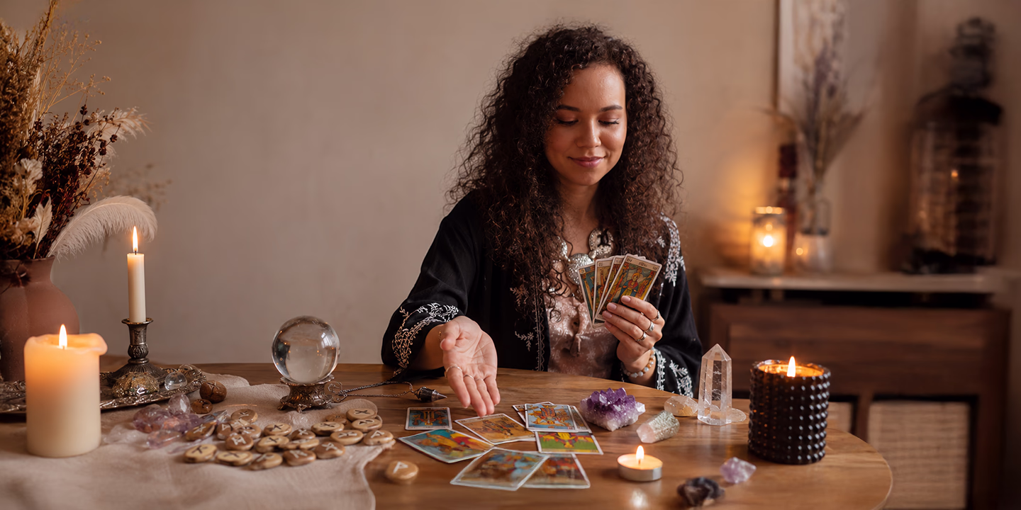 Voyante utilisant plusieurs outils de voyance, dont des cartes de tarot, une boule de cristal, des runes et des cristaux, pour réaliser une consultation divinatoire.