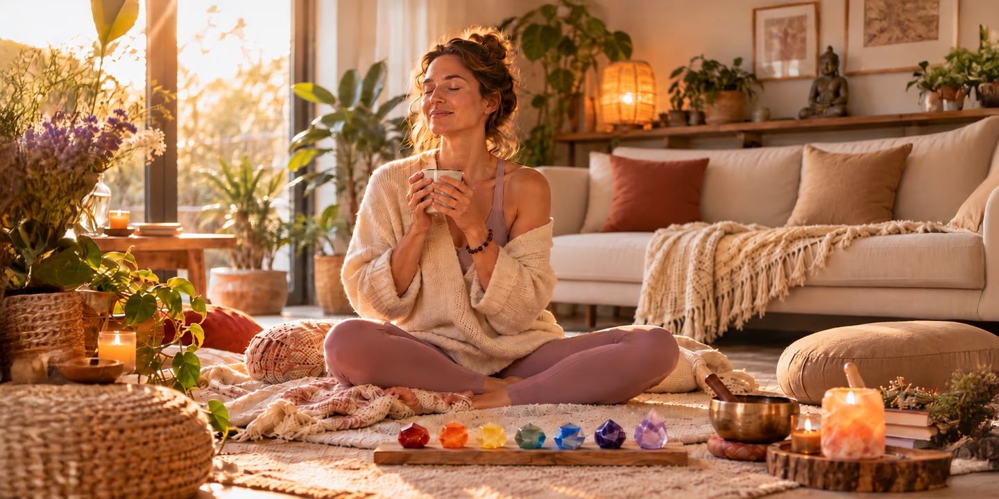 Femme méditant dans une ambiance apaisante devant des cristaux aux couleurs des sept chakras, illustrant l’équilibre des centres énergétiques et le bien-être spirituel