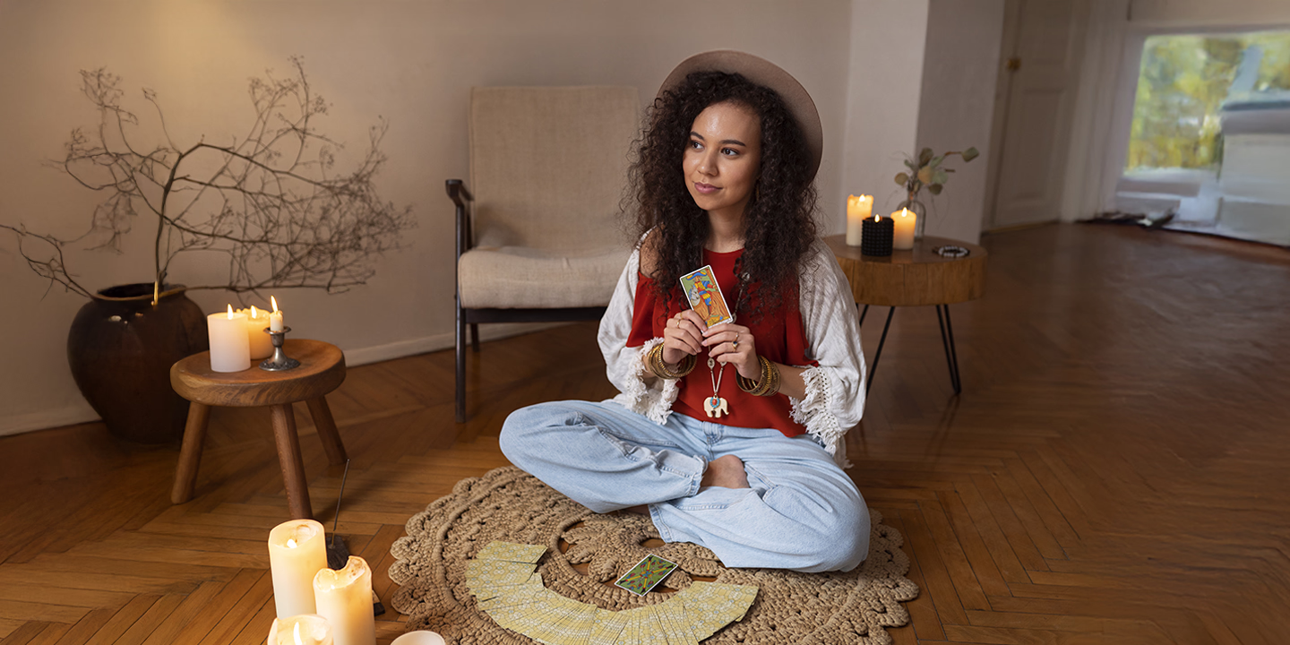 Femme pratiquant le tarot assise au sol avec des cartes et des bougies, dans un moment de méditation pour se recentrer et développer son intuition.