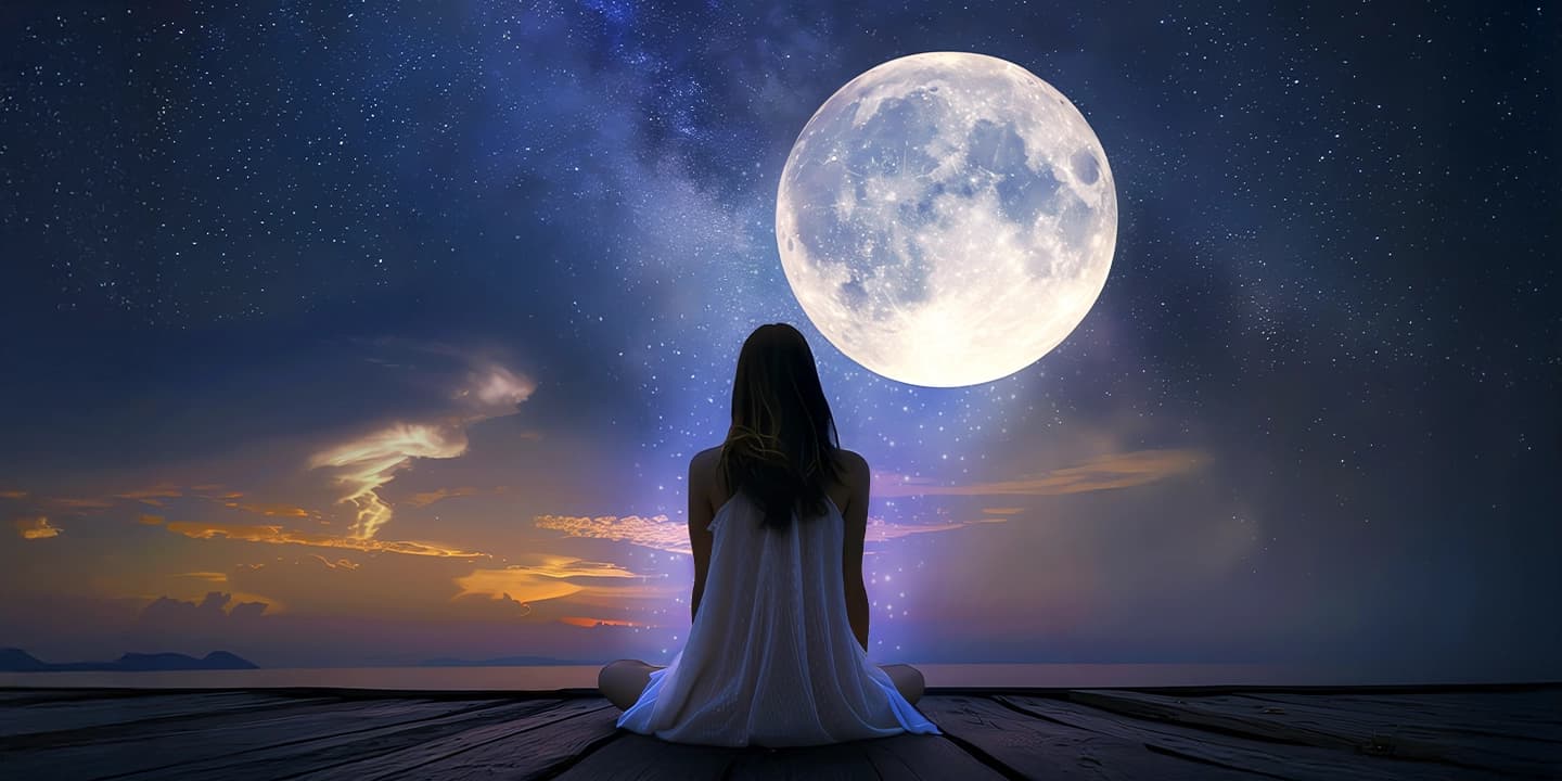 Femme méditant sous la pleine lune sur une terrasse en bois, dans un ciel étoilé – Illustration spirituelle pour l’article IdealVoyance sur les rituels de pleine lune pour se libérer et se recentrer