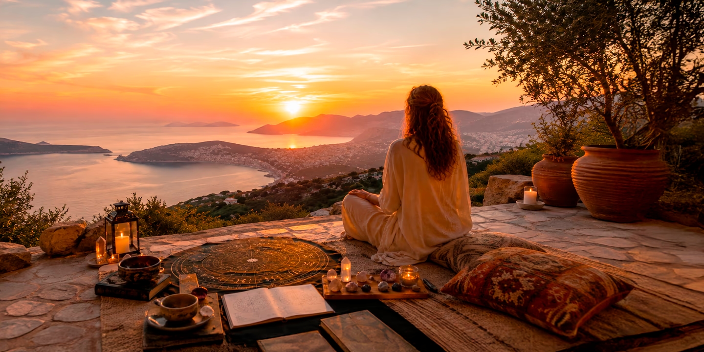 Femme méditant face au coucher du soleil devant un thème astral, illustrant l’astrologie karmique, les vies passées et la compréhension du chemin de vie.