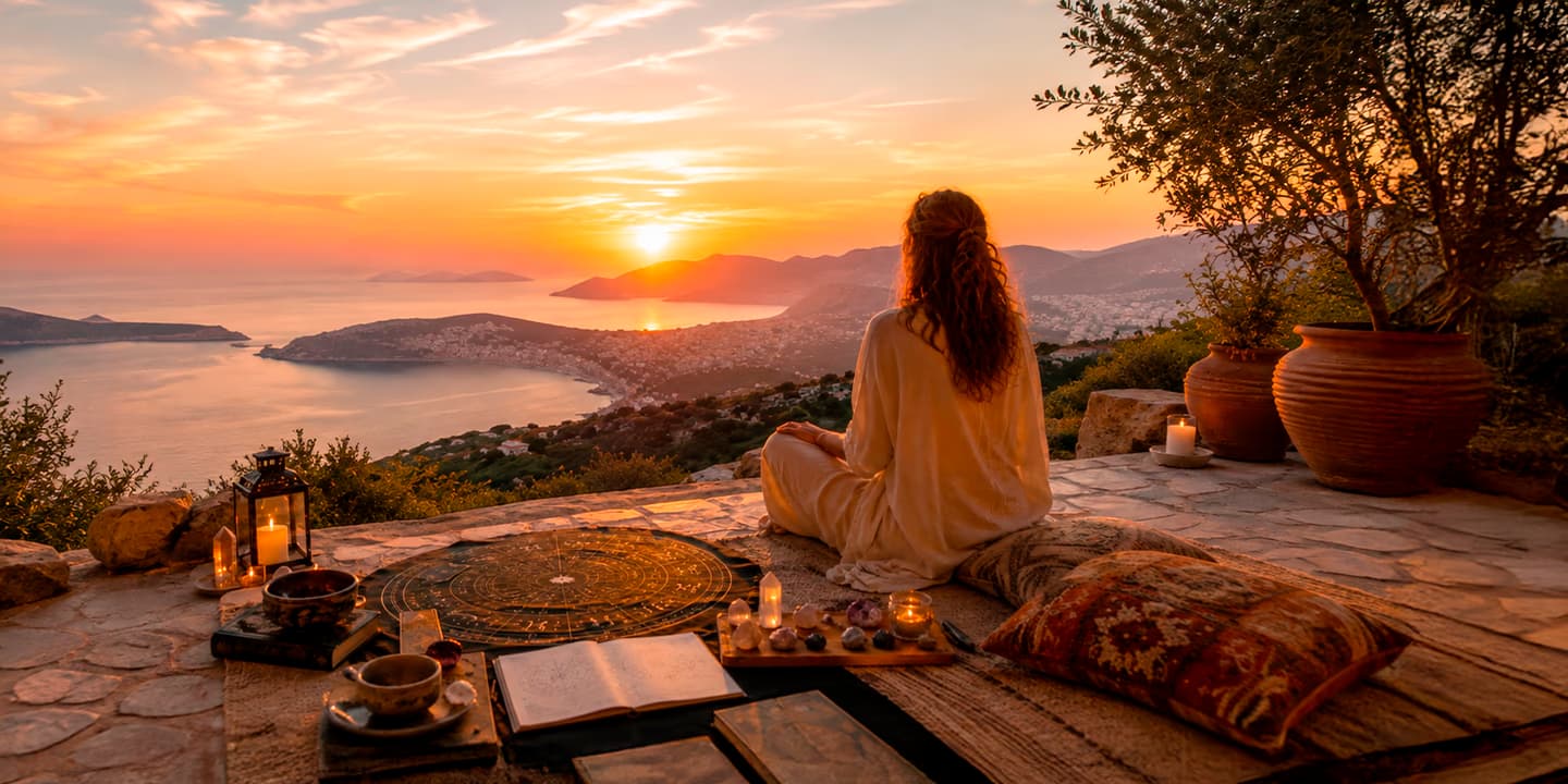 Femme méditant face au coucher du soleil devant un thème astral, illustrant l’astrologie karmique, les vies passées et la compréhension du chemin de vie.