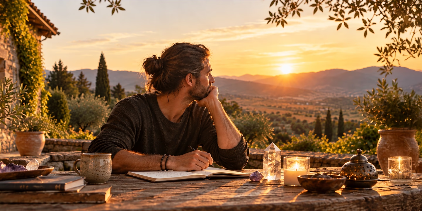 Homme écrivant dans un carnet au coucher du soleil, entouré de cristaux et d’une bougie, illustrant la clairvoyance, l’intuition et le développement des perceptions extrasensorielles.