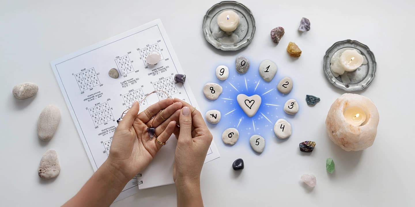 Main tenant un pendule au-dessus d’un schéma numérologique avec des pierres numérotées en cercle autour d’un cœur, symbolisant la compatibilité amoureuse selon la numérologie