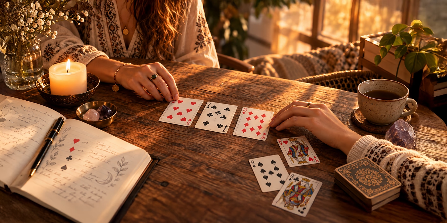 Personne interprétant un tirage de cartes traditionnelles sur une table, avec carnet, bougie et cristaux, illustrant la lecture et la signification des cartes en cartomancie.