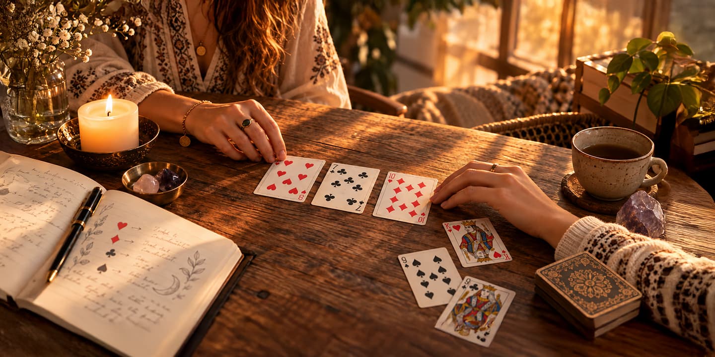 Personne interprétant un tirage de cartes traditionnelles sur une table, avec carnet, bougie et cristaux, illustrant la lecture et la signification des cartes en cartomancie.