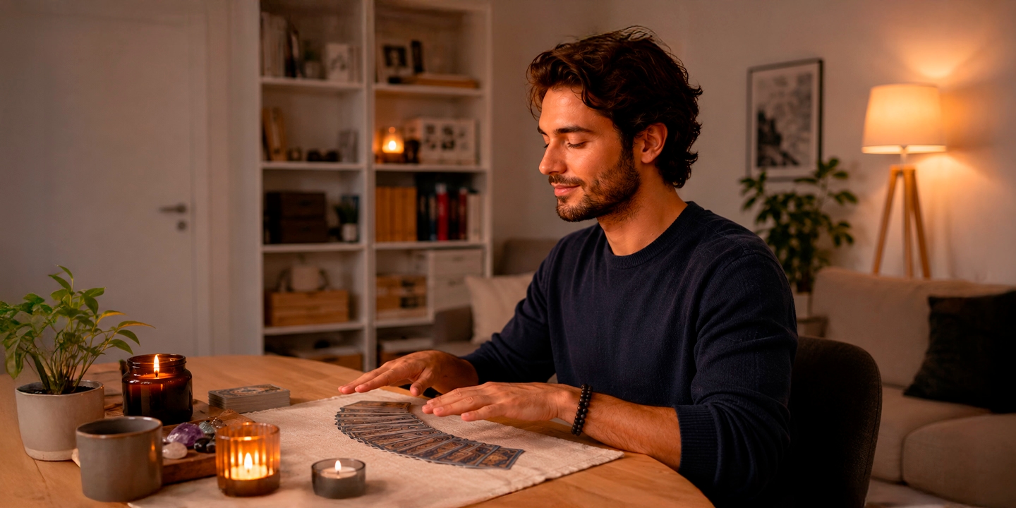 Homme pratiquant un tirage de tarot intuitif dans une ambiance apaisante, illustrant l’interprétation des cartes par l’intuition et les ressentis personnels.