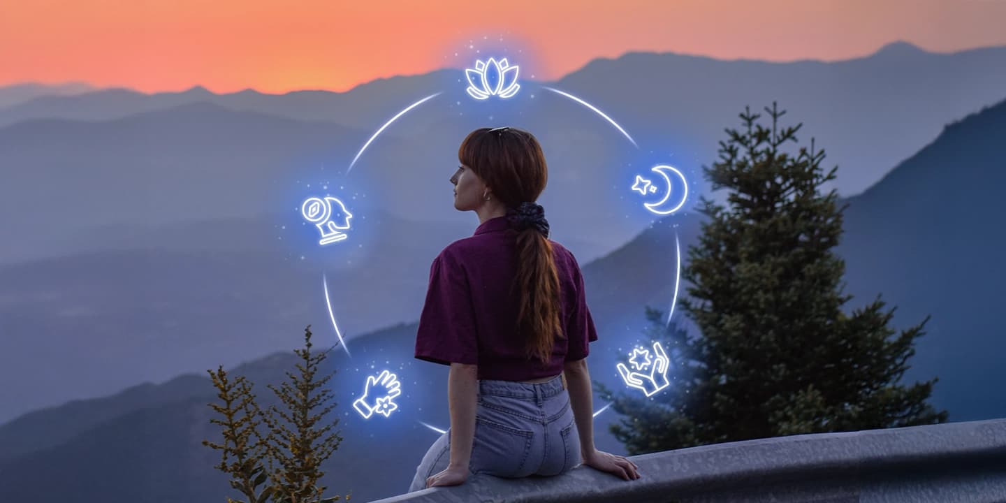 Bannière illustrant les 5 signes révélateurs d’un don de médiumnité : femme méditant face à la nature au coucher du soleil, entourée d’icônes spirituelles