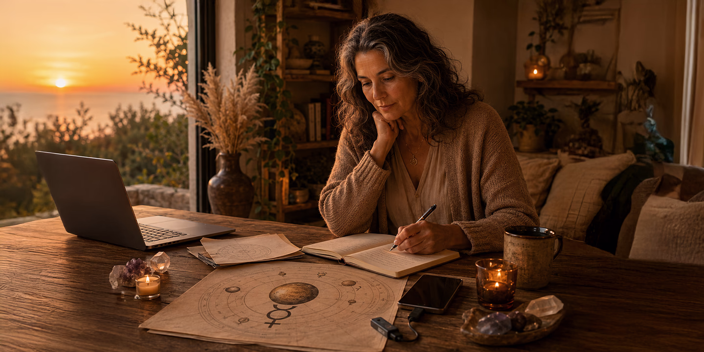 Femme étudiant un thème astrologique et prenant des notes devant son ordinateur au coucher du soleil, illustrant la période de Mercure rétrograde, la réflexion et l'introspection en astrologie.