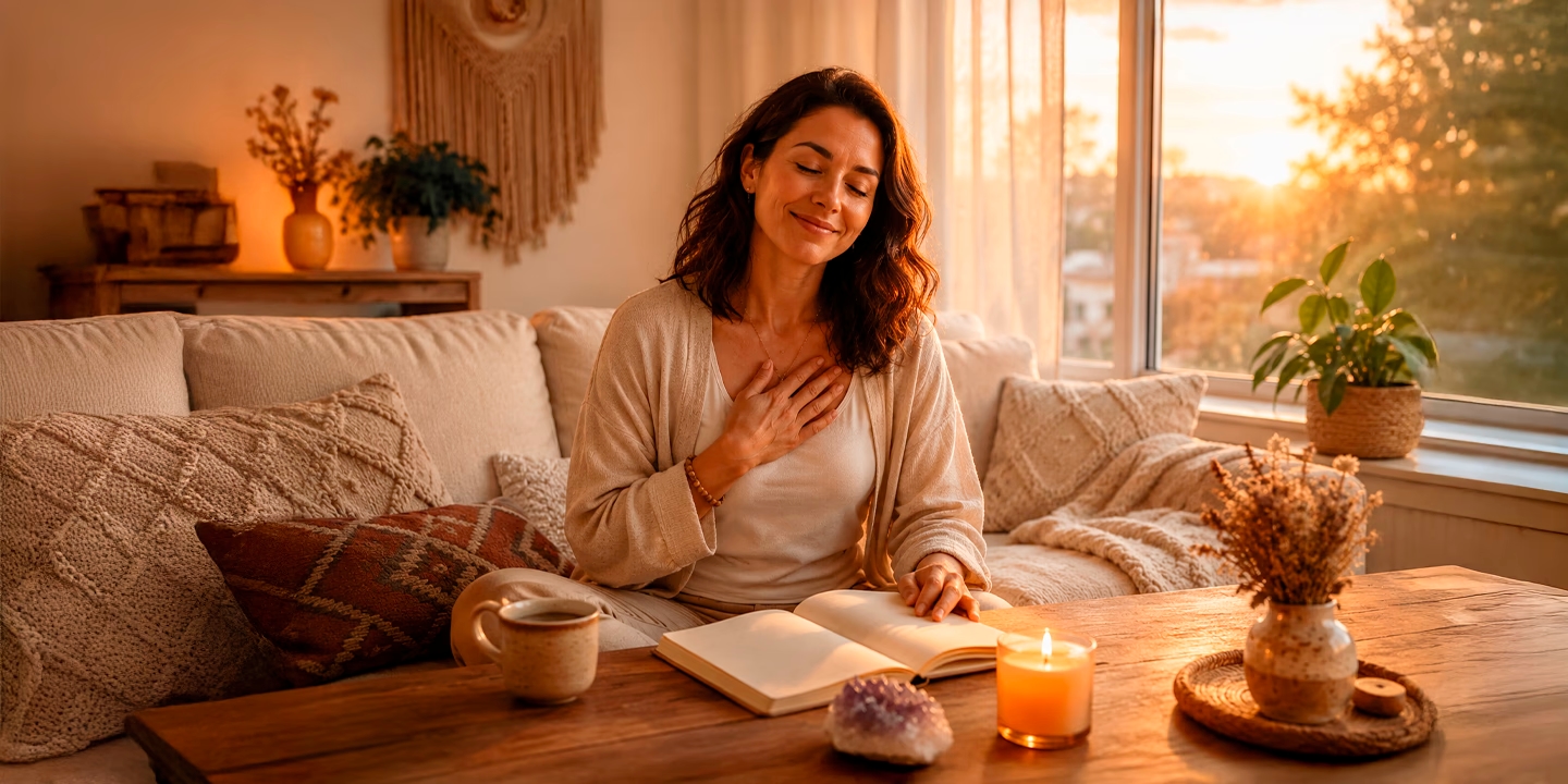 Femme pratiquant des affirmations positives dans un moment calme, la main sur le cœur devant un carnet et une bougie, illustrant la confiance en soi, le bien-être et la pensée positive.