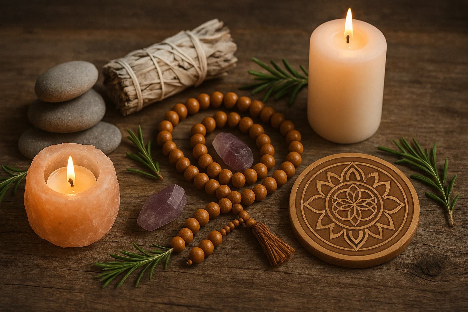 Bougies, pierres énergétiques, encens et perles de méditation – illustration du bien-être spirituel sur IdealVoyance