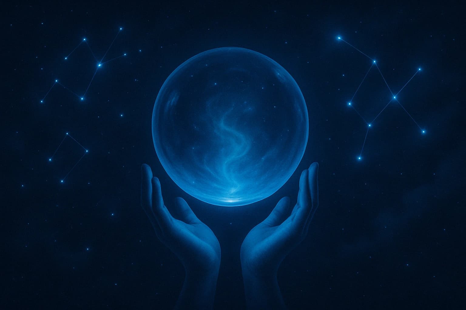 Définition de la voyance illustrée par des mains tenant une boule de cristal dans un ciel étoilé – article explicatif IdealVoyance