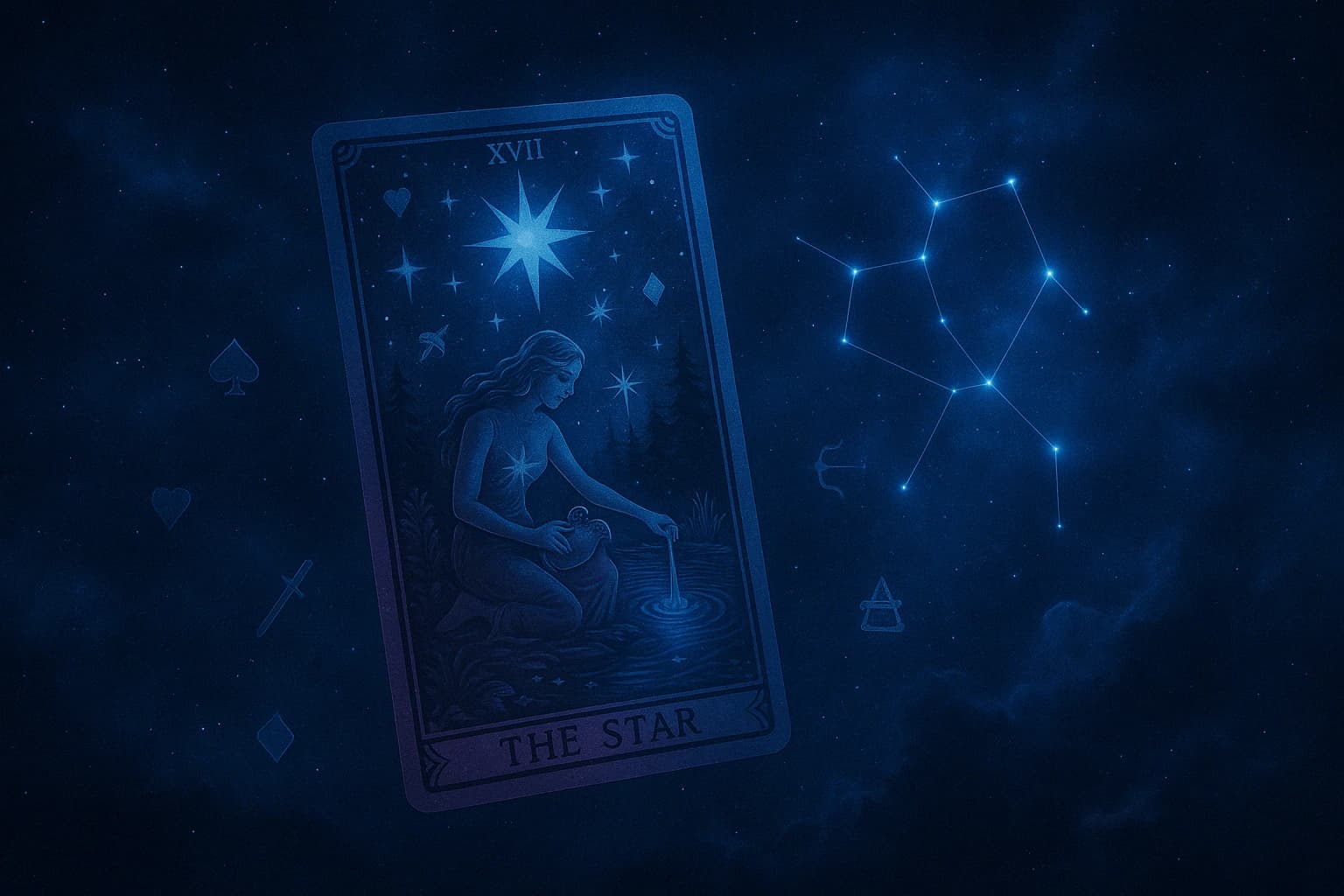 Carte de tarot "The Star" dans un ciel étoilé – définition de la tarologie et symbolique des cartes sur IdealVoyance