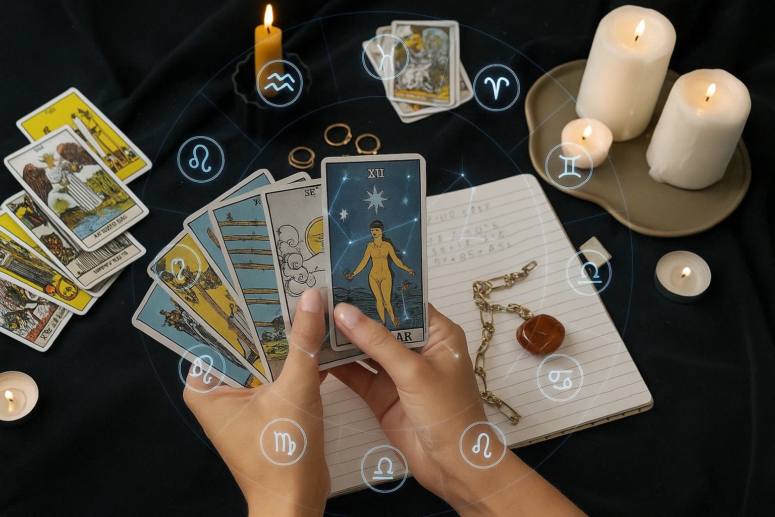 Tarologue expert réalisant un tirage de tarot en ligne