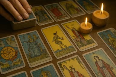 Tirage de cartes de tarot sur une table avec bougies – illustration de la cartomancie en ligne sur IdealVoyance