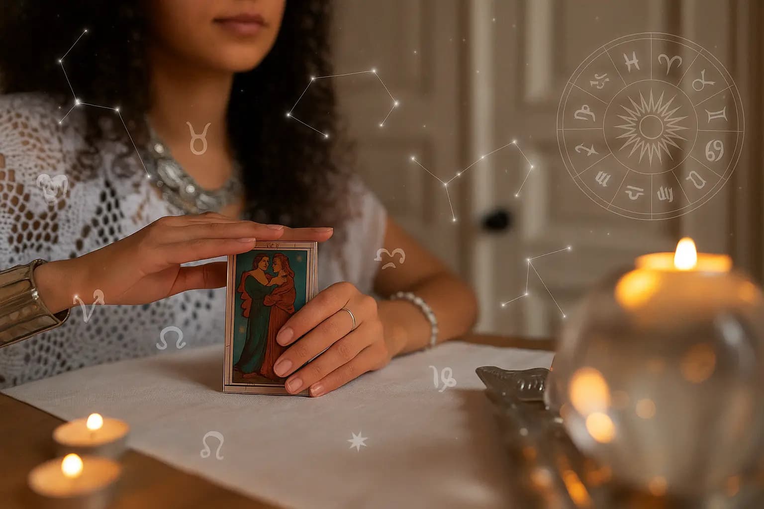 Cartomancienne experte réalisant un tirage de cartes