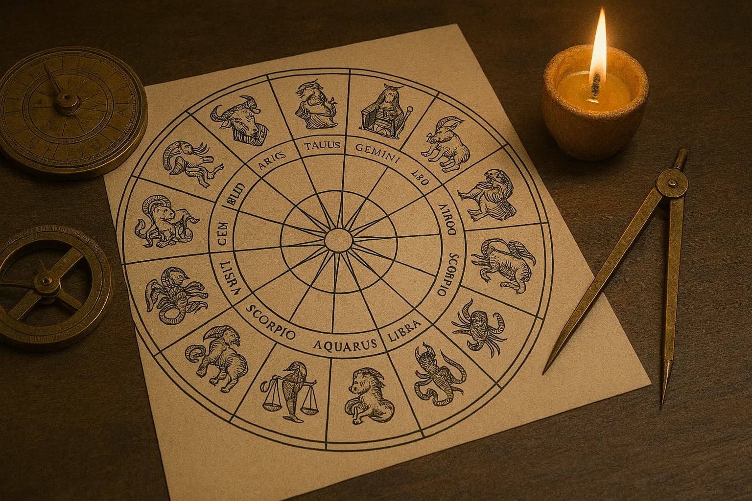 Illustration de l’astrologie en ligne avec une roue du zodiaque ancienne, une bougie et une boussole – horoscope et signes astrologiques sur IdealVoyance