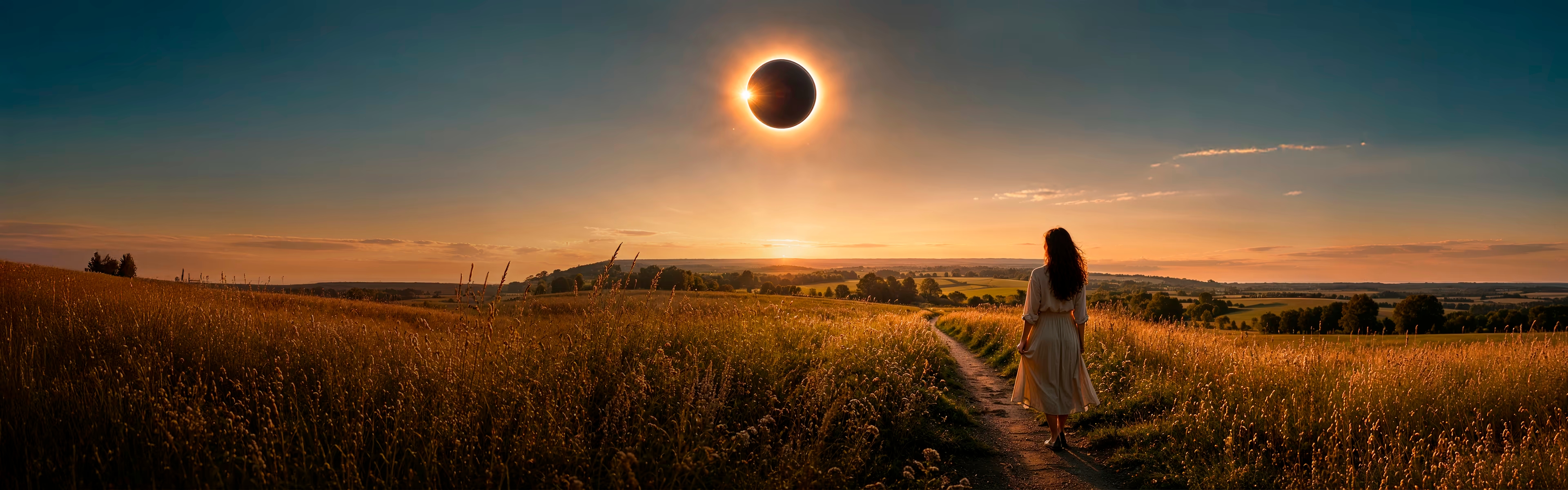Femme marchant sur un sentier à travers un champ doré au coucher du soleil, sous une spectaculaire éclipse solaire.