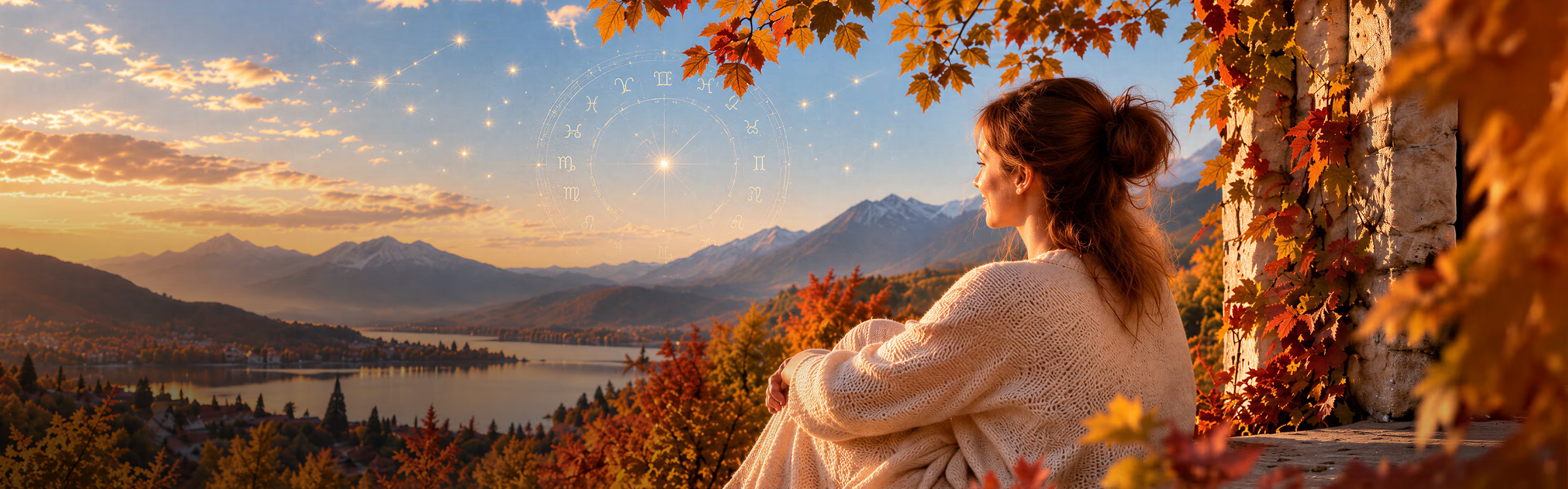 Bannière d’automne sur le thème de l’astrologie, avec une femme face à un paysage de montagne et un cadran des signes du zodiaque lumineux dans le ciel.